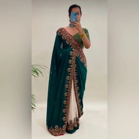 Sabyasachi White Lehanga with Emerald Green Details - Picture 2 of 12